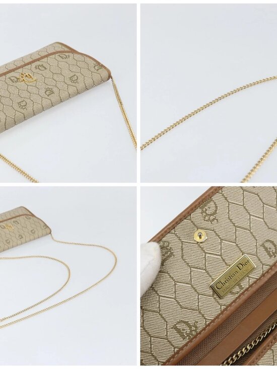 Christian Dior Honeycomb Canvas Chain Shoulder Bag PVC Beige Gold Auth am10688